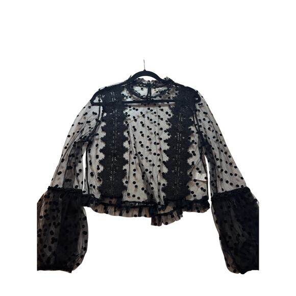 Touch Me Brand Black Sheer Lace Mesh Top Women's M-Swiss Dot Romantic whimsygoth - Picture 2 of 10